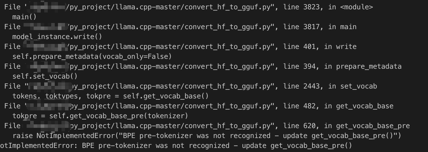 Ollama 转换gguf模型报错解决方法: BPE pre-tokenizer was not recognized - update get_vocab_base_pre() Ollama 转换gguf模型报错解决方法: BPE pre-tokenizer was not recognized - update get_vocab_base_pre()